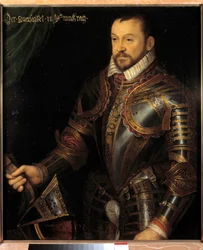 Portret van François I, hertog van Montmorency, maarschalk van Frankrijk (1530-1579) in harnas gegraveerd met zijn monogram en dat van zijn vrouw Diane de France