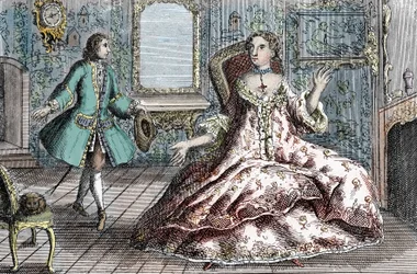 Portret van de Franse crimineel Marie Catherine Taperet Lescombat en haar minnaar Henri Mongeot (gravure)
