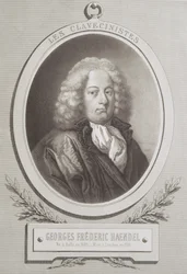 Portret van George Frederick Handel, frontispice van een muziekpartituur