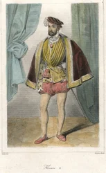 Portret van Hendrik II (1519 - 1559) met een zwaard