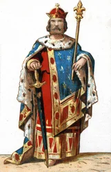 Portret van Hugues I Capet (ca. 941 - 996), Hertog van Frankrijk en vervolgens Koning van Frankrijk. Chromolithografie van het einde van de 19e eeuw.