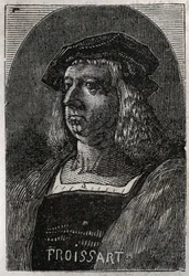 Portret van John Froissart (Jean Froissart) (1337-1404), Franse kroniekschrijver van middeleeuws Frankrijk - gravure in 