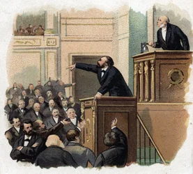 Portret van Leon Gambetta (1838 - 1882) in de galerij. Chromolithografie (Chromo) uit het begin van de 20e eeuw