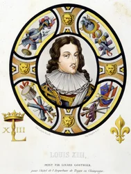 Portret van Lodewijk XIII Koning van Frankrijk (1601-1643). Facsimile van een glas-in-lood uit de Middeleeuwen in “Histoire de la peinture sur verre” by Ferdinand de Lasteyrie