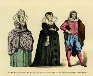 Portret van Marie de Medicis (1573-1642), koningin van Frankrijk, in weduwegewaad, omringd door een hofdame en een heer, circa 1620