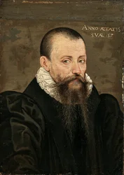 Portret van Michel Eyquem de Montaigne (1533-1592), 57 jaar oud, klein halffiguur, in zwart kostuum en met witte kraag