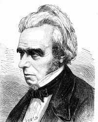 Portret van Michel Faraday (1791 - 1867), Britse natuurkundige en chemicus - in Album van Wetenschap; beroemde wetenschappers; Grote ontdekkingen 1896