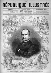 Portret van Monsieur Claude (Antoine Francois Claude dit) (1807-1880), Franse politieagent en schrijver, hoofd van de veiligheidsdienst onder het Tweede Keizerrijk. Een krant. Gravure uit 1880 in 