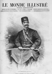 Portret van Nasser Ed Din (1831-1896), Shah van Perzië (Iran). Ook wel Nasseredin Shah, Nasserer-al-Din Shah Qajar, Nasser al-Din Shah Qajar, Nassiruddin Shah genoemd. Een van de kranten 