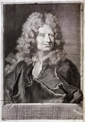 Portret van Nicolas Boileau, ook bekend als Boileau Despreaux (Boileau-Despreaux) (1636-1711) dichter, schrijver. Gravure ter illustratie van de Werken van M. Boileau Despreaux, met historische illuminaties, Deel 1, editie Fabre et Barillot.