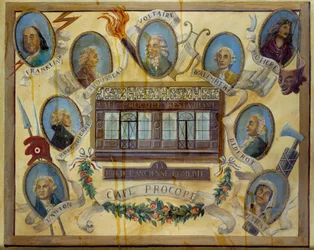 Portret van historische figuren en uitzicht op het Parijse café Le Procope: Benjamin Franklin, Jean Jacques Rousseau, Voltaire, Jean D