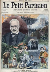 Portret van de Franse schrijver Victor Hugo (1802-1885) met illustraties van zijn belangrijkste werken. Gravure in "Le Petit Parisien"