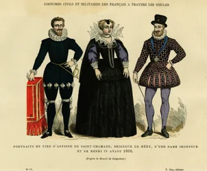 Portretten voor 1600, van Antoine de Saint Chamand, heer van Mery sur Oise, en van de koning van Frankrijk Hendrik IV (1553-1610), omringd door een onbekende vrouw. Kleurgravure naar de tekening van Gaignieres, in 