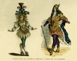 Portretten van koning Lodewijk XIV (1638-1715), in theaterkostuum en carrousel. Kleuren gravure, in 