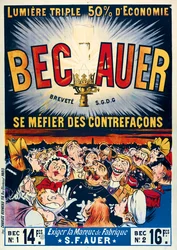 Poster die Becauer petroleumlampen adverteert, gedrukt door Charles Verneau, 1890