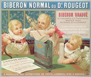 Poster die een gegradueerde fles ontworpen door Dr. Rougeot, 1887, adverteert