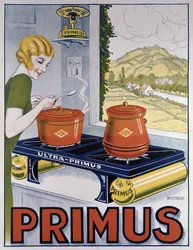 Poster die de Primus kookplaat adverteert, gedrukt door Dampenon & Elarue