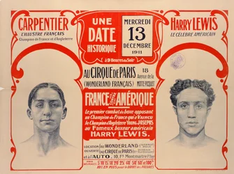 Poster die de bokswedstrijd tussen Carpentier en Harry Lewis, 1911 aankondigt