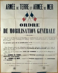 Poster aankondiging Algemene Mobilisatie in Frankrijk, 2 augustus 1914 door het Ministerie van Oorlog en Marine