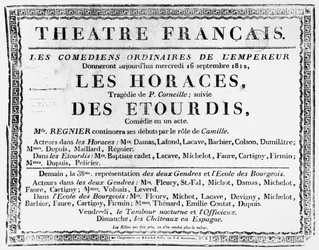 Poster voor de uitvoering van Les Horaces door Pierre Corneille (1606-84) in het Theatre Francais in Parijs, 1812