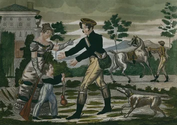Voorbereiding op de jacht, plaat 1, begin 19e eeuw (kleurgravure)