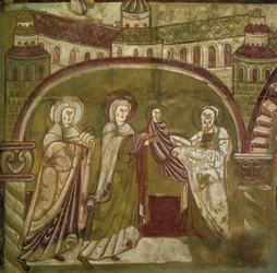 Presentatie van Jezus in de Tempel. Fresco van de kerk van Vic sur Cere (Cantal). 12e eeuw. Parijs, Museum van Monumenten