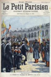 Presentatie van de vlag van het Regiment van China door generaal Faure Biguet aan generaal Arnoux gouverneur bij de Invalides in Parijs, in 