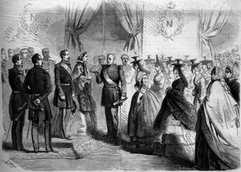 Presentatie aan Napoleon III (1808-1873) en aan de Keizerin Eugenie (1826-1920) van twaalf Maconnaises in landelijke klederdracht. Macon, Saone en Loire (71)