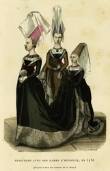 Prinses met haar hofdames, rond 1470. Kleurgravure naar het boek van de toernooien van koning René, in 