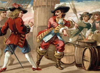 Kaper Jean Bart (1650-1702) bedreigde een Engelse kaper die hem gevangen nam door hem te bedreigen zijn schip op te blazen door een vat buskruit in brand te steken. Chromolithografie uit het einde van de 19e eeuw.
