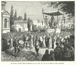 Processie van de wagen van de Romeinse godin Cybele, voorafgegaan door fluitspelers en cimbalen spelers