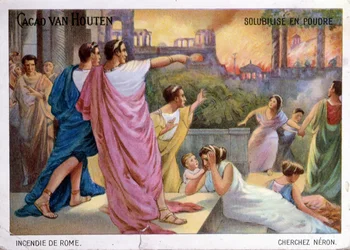 Promotiekaart voor Cacao van Houten drinkchocolade die de brand van Rome in 64 na Christus illustreert, c.1910
