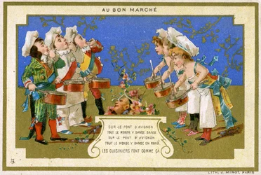 Promotiekaart voor het Parijse warenhuis Au Bon Marché, met koks die dansen op de brug van Avignon, c.1895