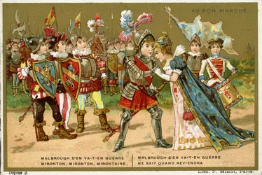Promotiekaart voor het Parijse warenhuis Au Bon Marché, met een van de populairste volks- en kinderliedjes in de Franse taal, Marlbrough sen va-t-en guerre (Marlborough is vertrokken)