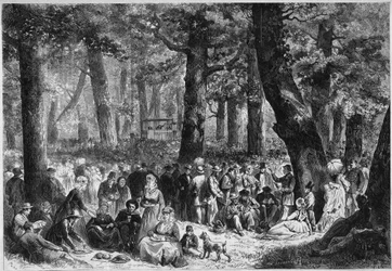 Protestantse gewoonte: het "zendingsfeest" of Missiefeest gehouden in Nederland. Pelgrims eten tijdens de toespraak van de voorspeller. Gravure in "Le Monde Illustré" n°853 van 16 augustus 1873.