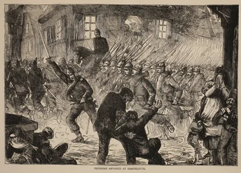 Pruisische opmars bij Gravelotte, illustratie uit Cassells Geschiedenis van de Oorlog tussen Frankrijk en Duitsland, 1870-1871