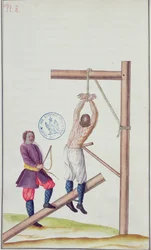Bestraffing met een knoet tijdens het hangen aan een touw, uit Reis naar Rusland, 1731