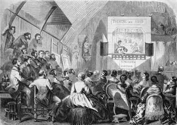 Poppentheater in 1858. Voorstelling in de werkplaats van Maurice Sand (1823-1889) 12 rue Boursault in Parijs