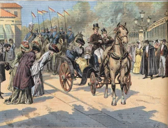 Koningin Marie Christine de Teschen (1858-1929) begroet de koninginnen van de Parijse markten, uit de krant "Le Petit Parisien"