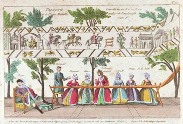 Koningin Mathilda en haar dienaren weven het Tapijt van Bayeux, scène uit een Vaudeville voorstelling