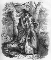 Koningin Sophie Dorothee van Zelle (1666-1726), vrouw van George I van Engeland en de jonge Philip Christophe van Koenigsmark, in een intiem moment. Gravure in 