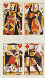 Koningin en Boer speelkaarten (gekleurde houtsnede)