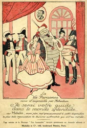 Herinnering aan 1914 voor de Michelin-band. La Vie Parisienne, herzien en aangevuld door Bibendum: ‘Ik zal uw gids zijn in de schitterende wereld, want Michelin, mijn vader, biedt u de mooiste organisatie voor autotoerisme ter wereld.’ Aan de muur een