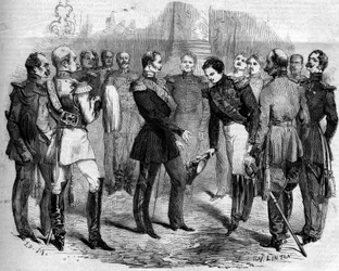 Ontvangst van de Franse keizer Napoleon III (1808-1873) door de Russische tsaar Alexander II (1818-1881) in Warschau (Polen)