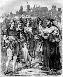 Rector en studenten van verschillende naties aan de Universiteit van Praag in de 17e eeuw. Gravure uit 1852