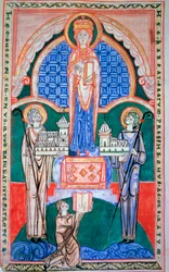 Heerschappij van de Maagd over de vereniging van de Abdij van Citeaux en de Abdij van Saint Vaast (Saint-Vaast). Sint Jerome. Commentaar op Jeremie. Miniatuur uit Citeaux-manuscript, ca. 1125. 32,6 x 31,7 cm. Dijon, Gemeentelijke Bibliotheek (Ms. 130)