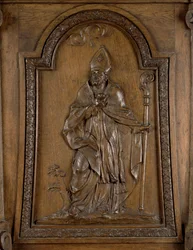 Reliëf met afbeelding van St. Medard (c.456-545) Bisschop van Noyon, van de preekstoel
