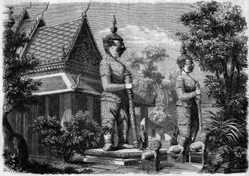 Religieuze architectuur: buitenaanzicht van een pagode in Bangkok (Siam) in 1861. Gravure in 