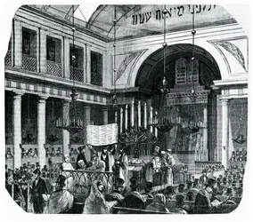 Religieuze ceremonie in de oude Parijse Synagoge voor Rosh Hashana, illustratie uit Le Tableau de Paris door Edmond Texier, gepubliceerd in Parijs, 1852