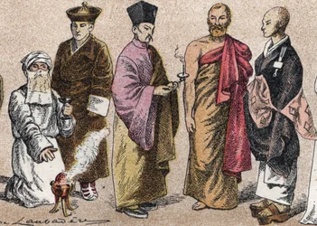 Religieuze kostuums van Azië: portret van een Parsi priester, Lama, Chinese boeddhistische priester, Ceylon bonze en Japanse boeddhistische priester - Gravure